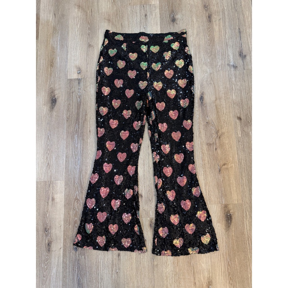 Nasty Gal Festival Whimsygoth Sequin Heart Flare Pants Sz 16 Black High Rise Y2K